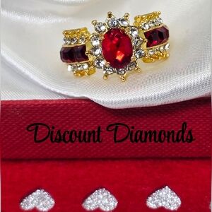 Vintage Ruby & Clear White Baguette Diamond Cocktail Ring 18K Gold on 925 Silver